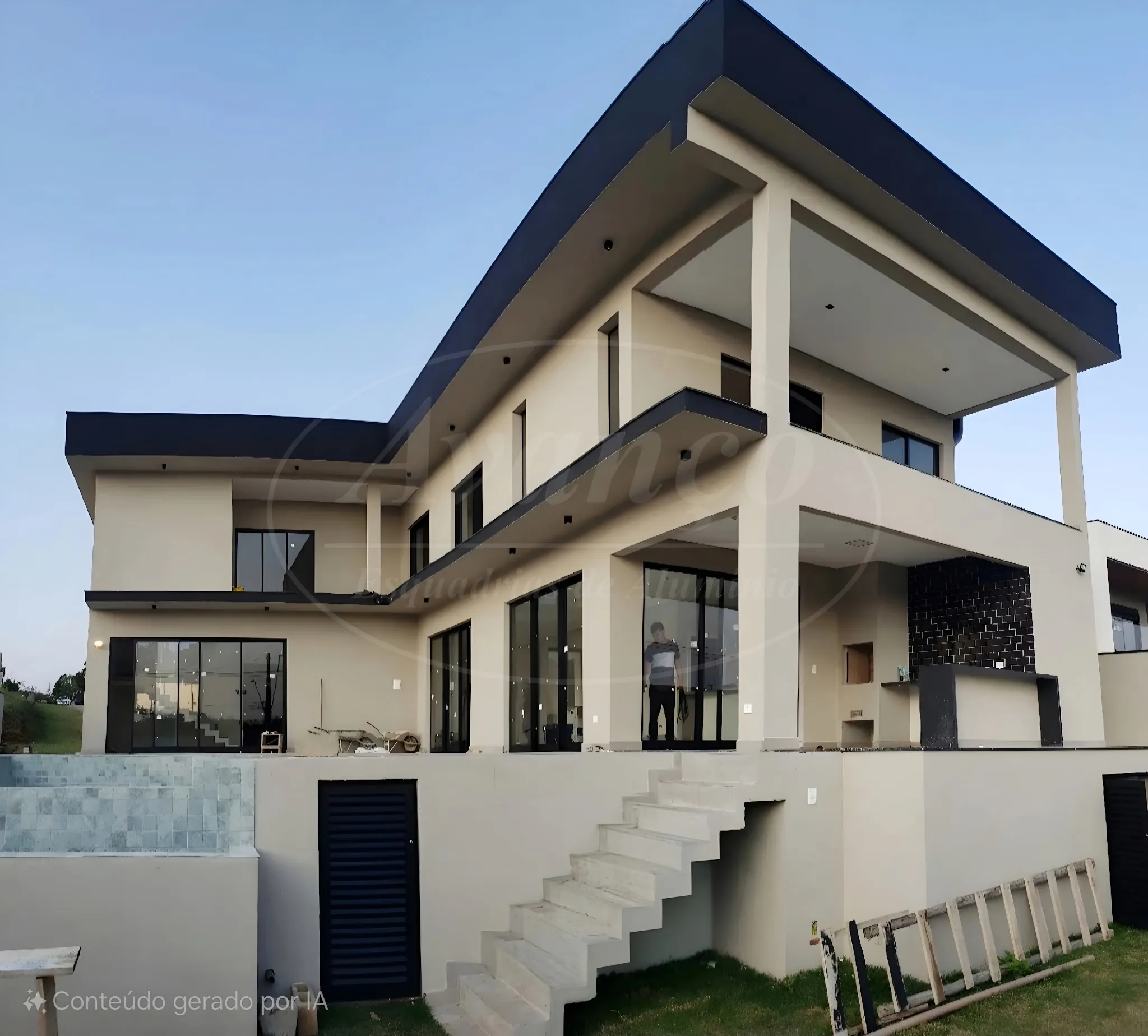Casa de alto padrão com portas de correr em perfil preto e vista para o jardim